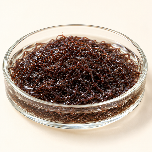 Illustration of live blackworms in a shallow clear glass dish